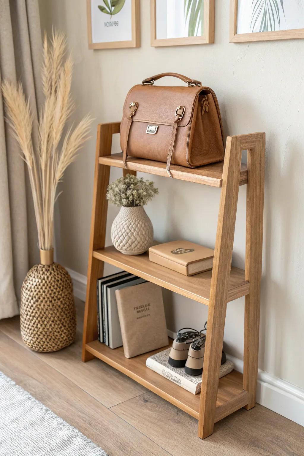 Two-tier purse shelf: tall cubby for structured bags, low shelf for clutches—no wasted space.
