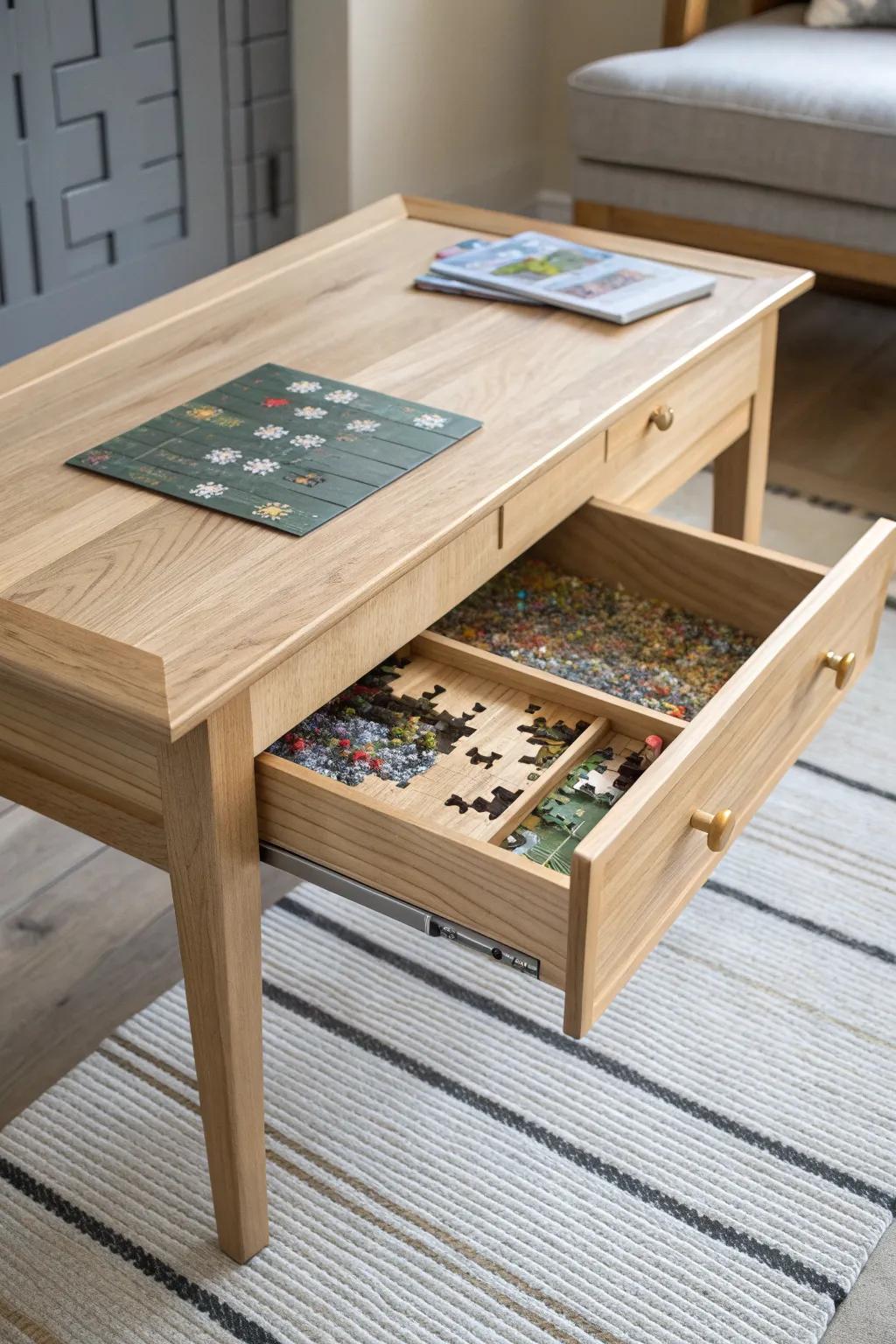 Lightwood puzzle table with built-in sorting drawers—serene, organized, and beautifully crafted.