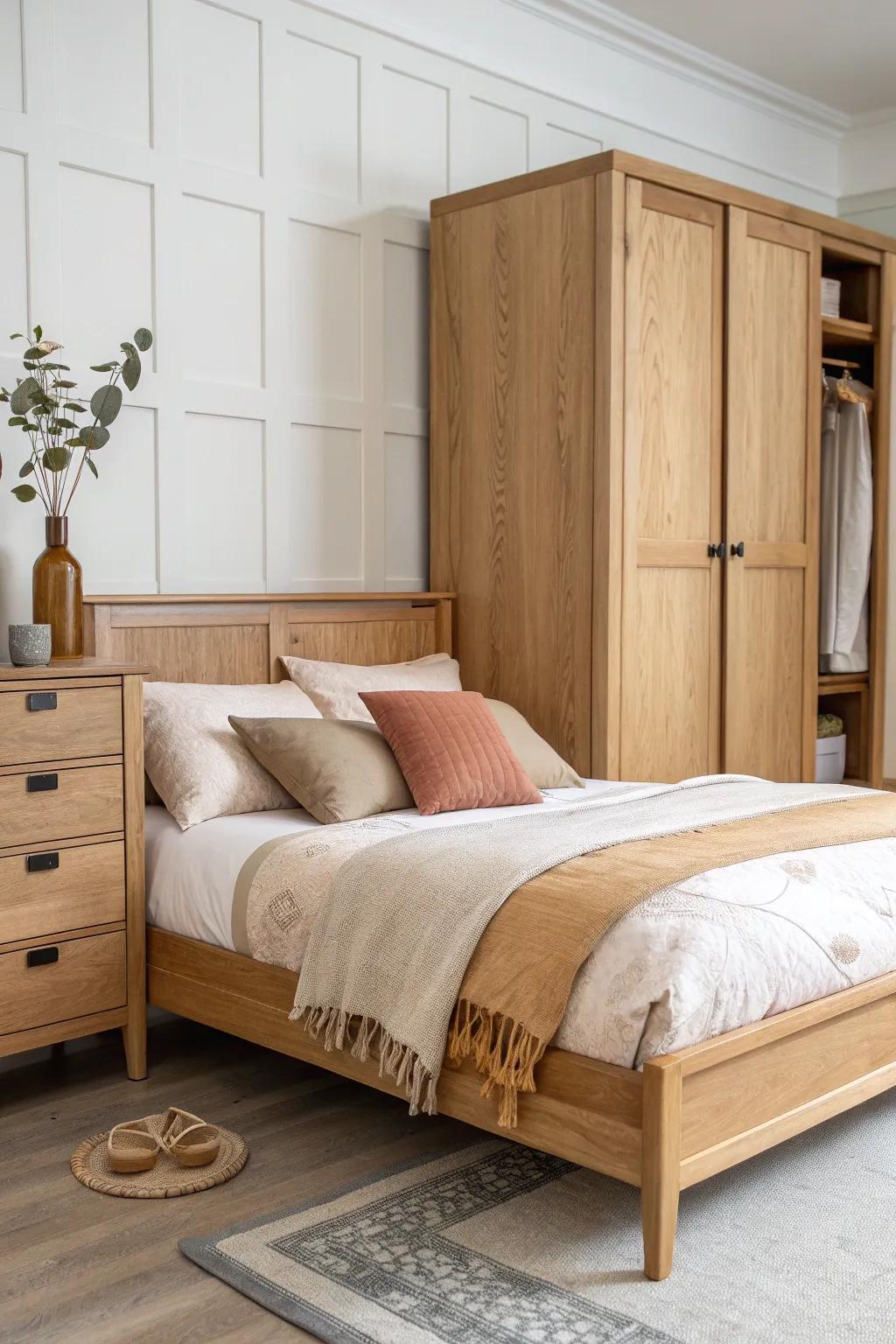 Slim headboard cabinets hide chargers and essentials for a calm, clutter-free queen bed.