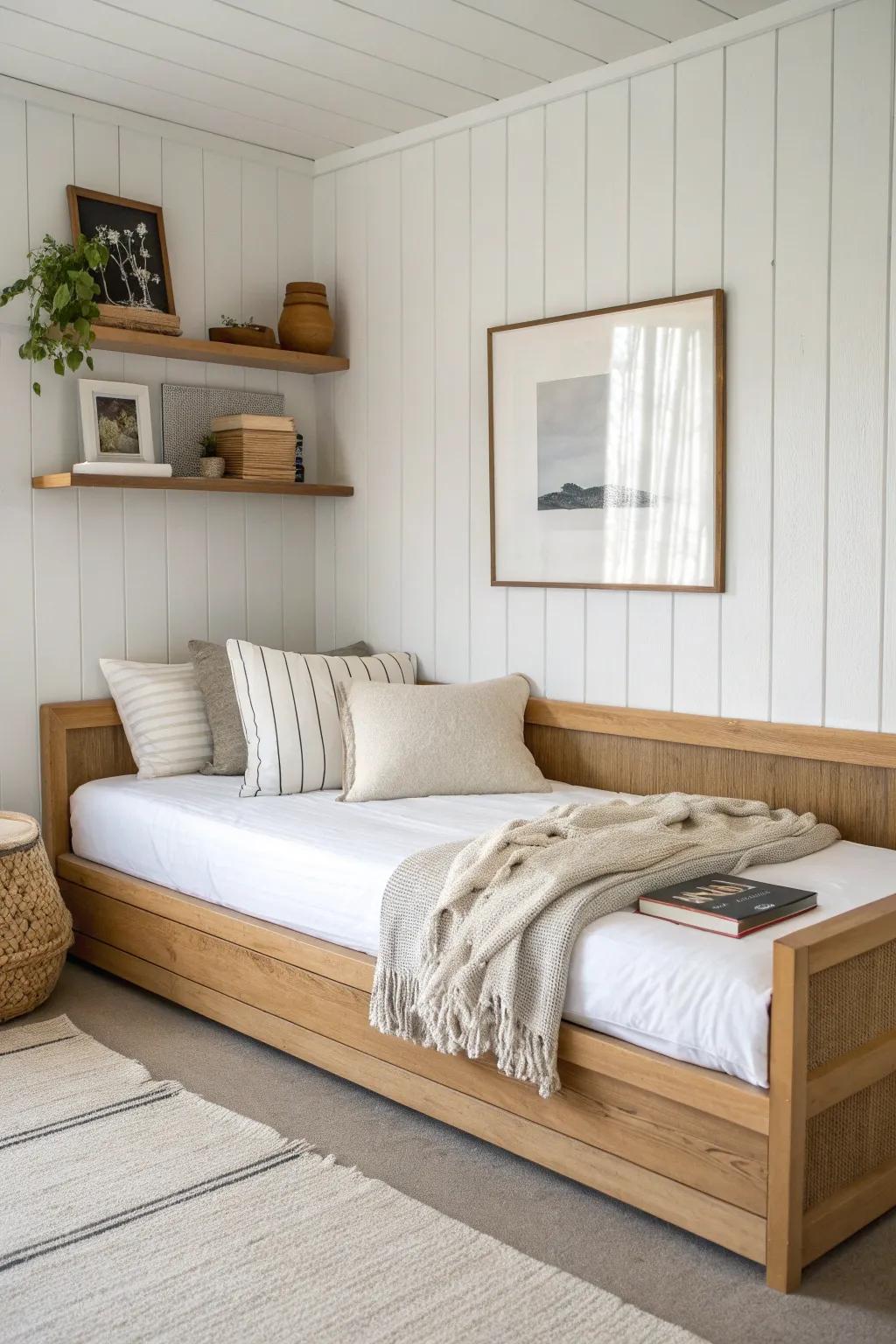 Beadboard + a slim picture ledge makes a queen daybed feel like a cozy built-in nook.