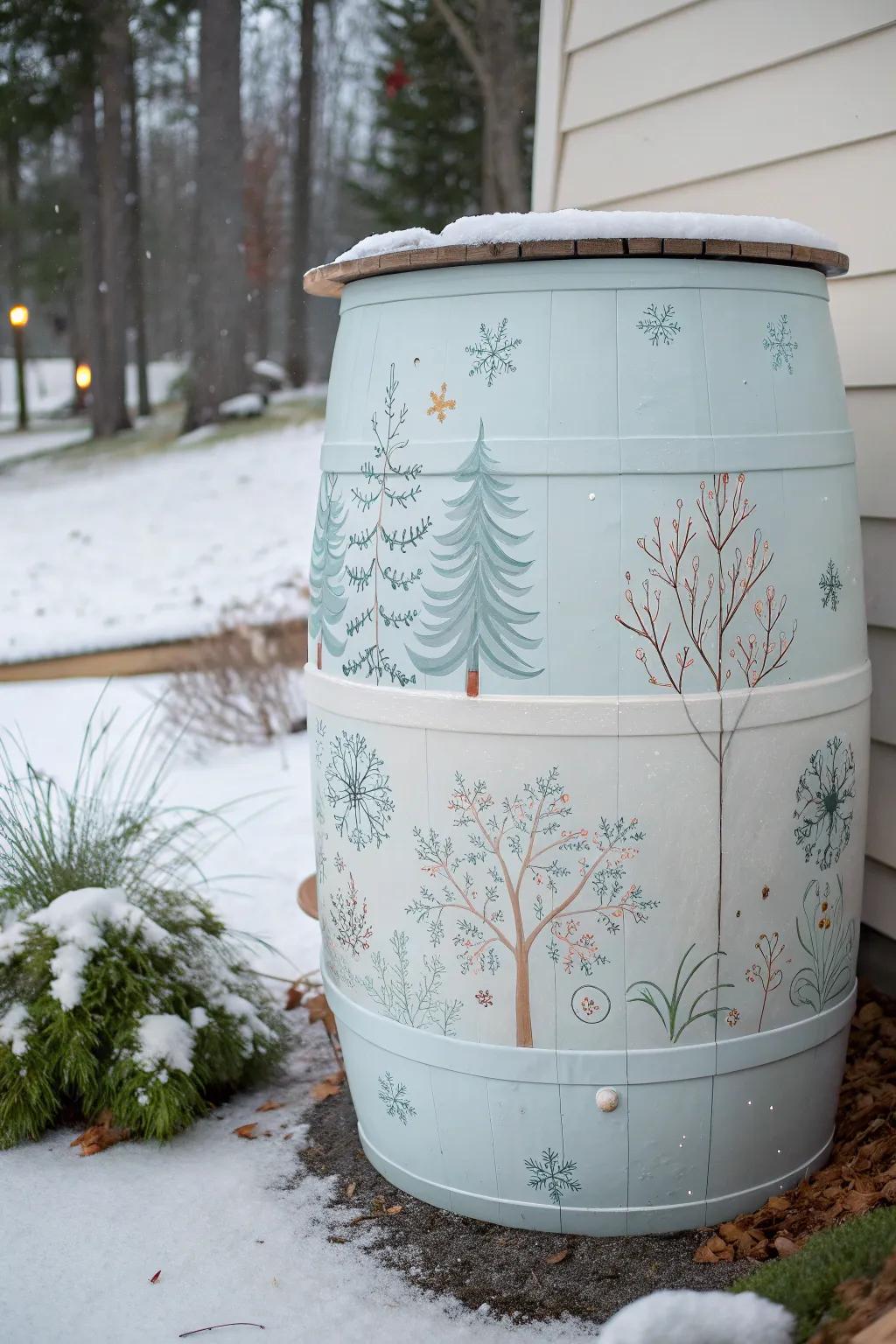 Transform your garden into a Nordic winter paradise with this elegantly crafted rain barrel art.