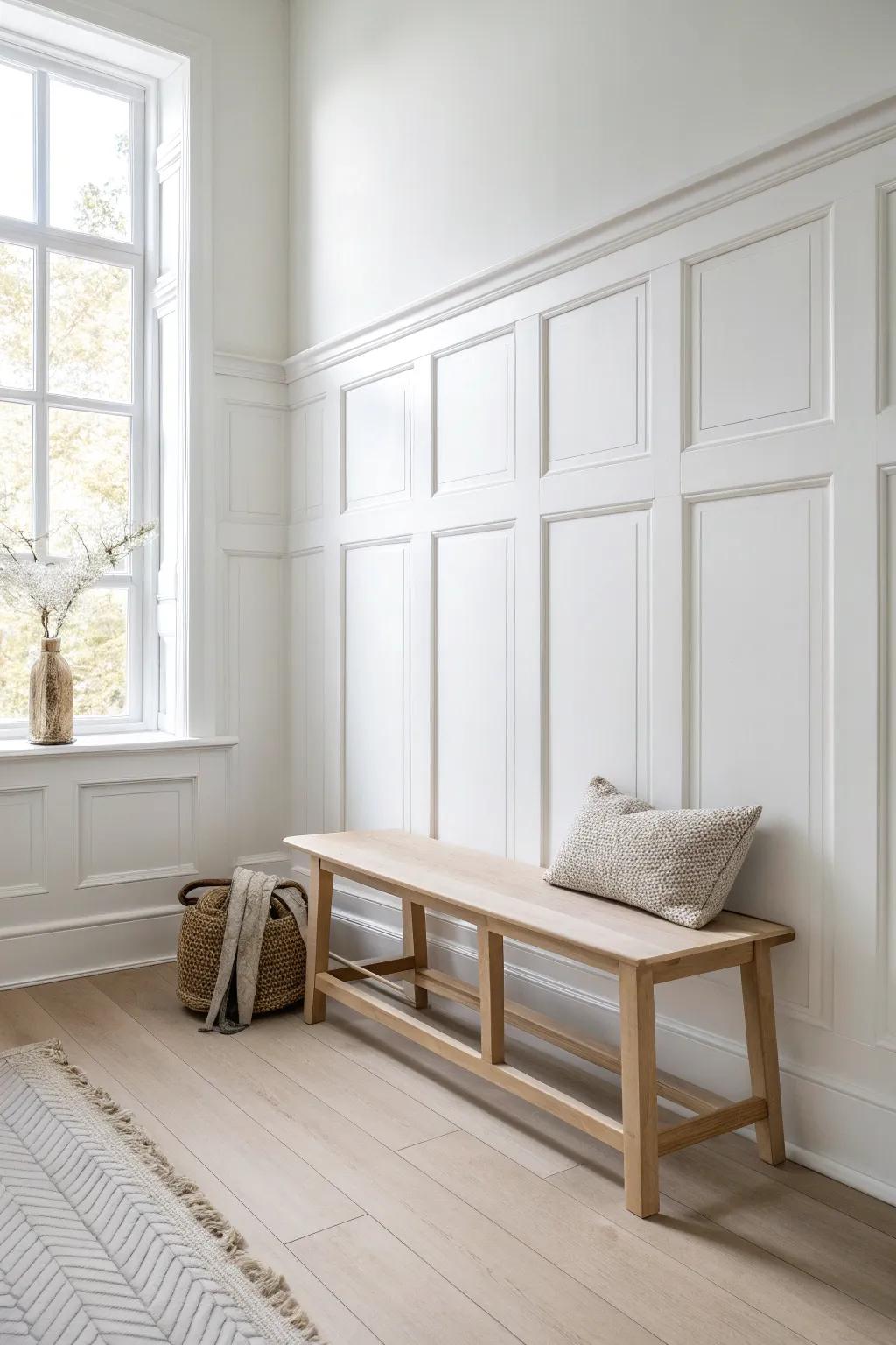 Bright white raised panels add crisp contrast and airy structure—perfect for small rooms.