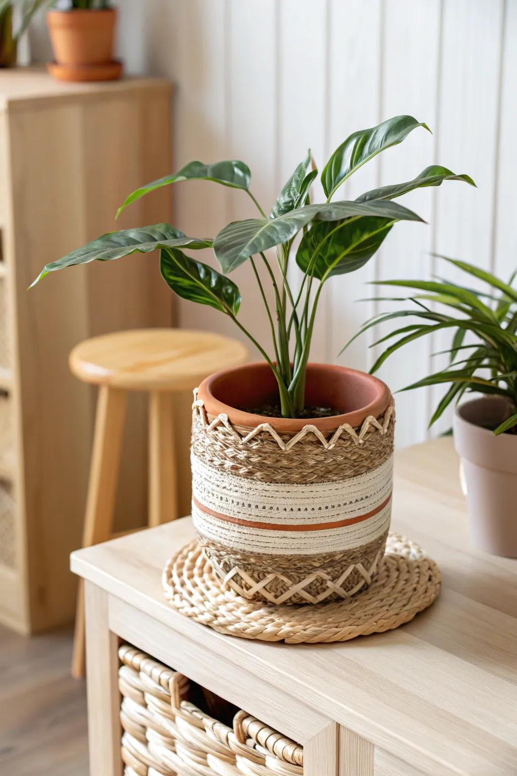 A simple rattan basket cover turns any nursery pot into warm, woven decor with fresh greenery.