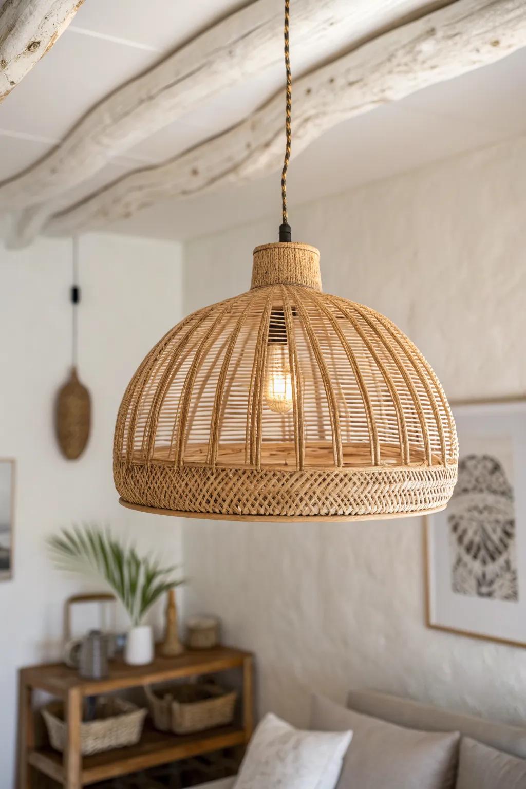 A woven rattan pendant that casts dreamy stripes—instant cozy mood shift for your living room.