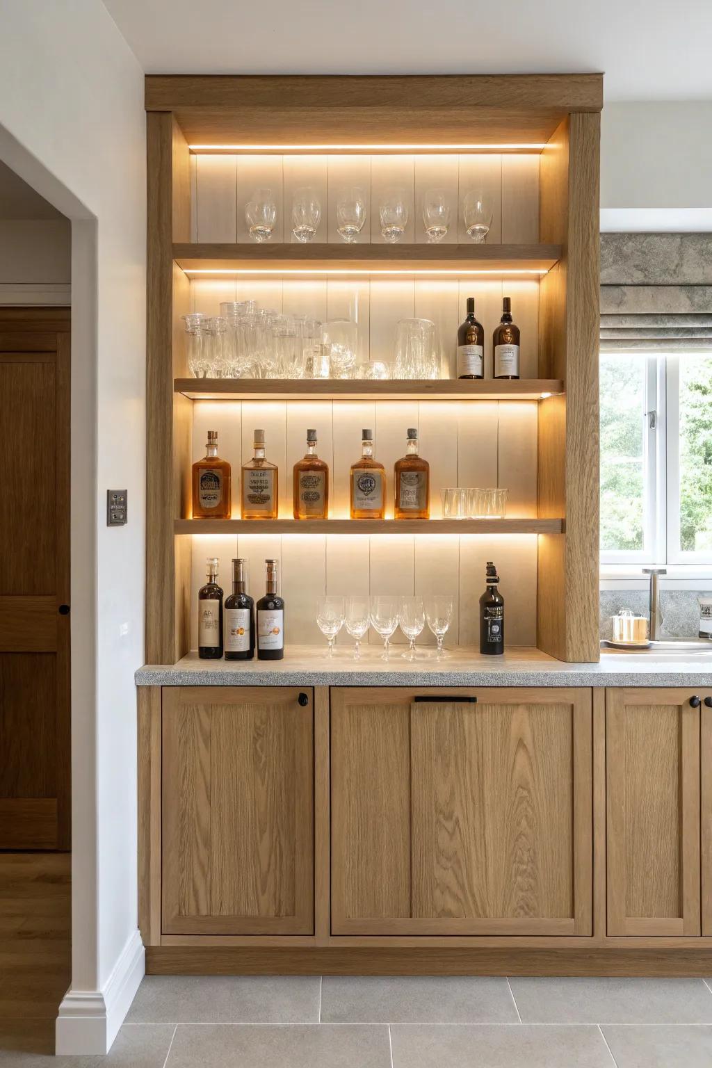 Light oak floating shelves with hidden LEDs turn your rec room back bar into a clean display.