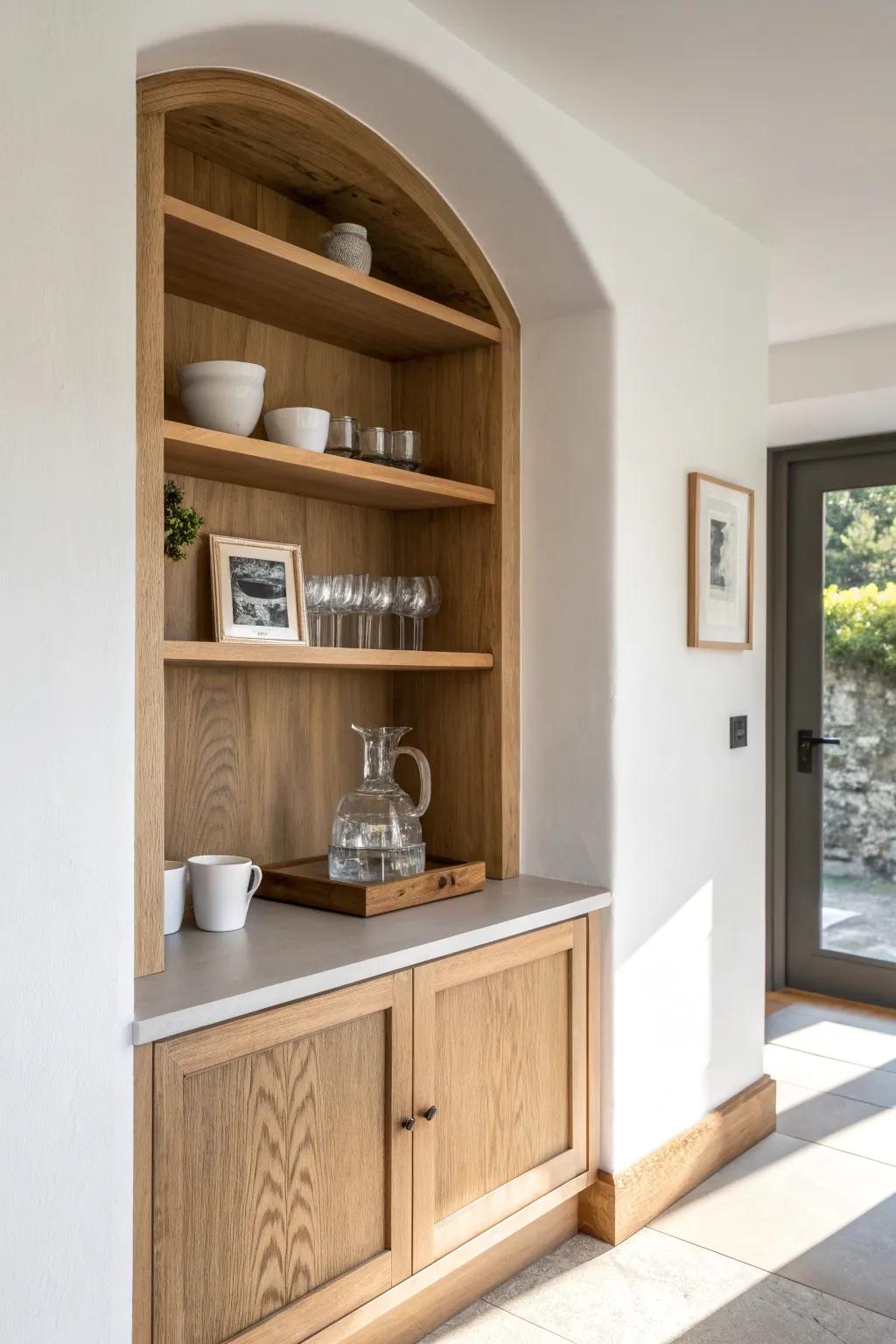 Turn hallway dead space into a chic recessed mini bar with slim oak shelves and a tidy counter.