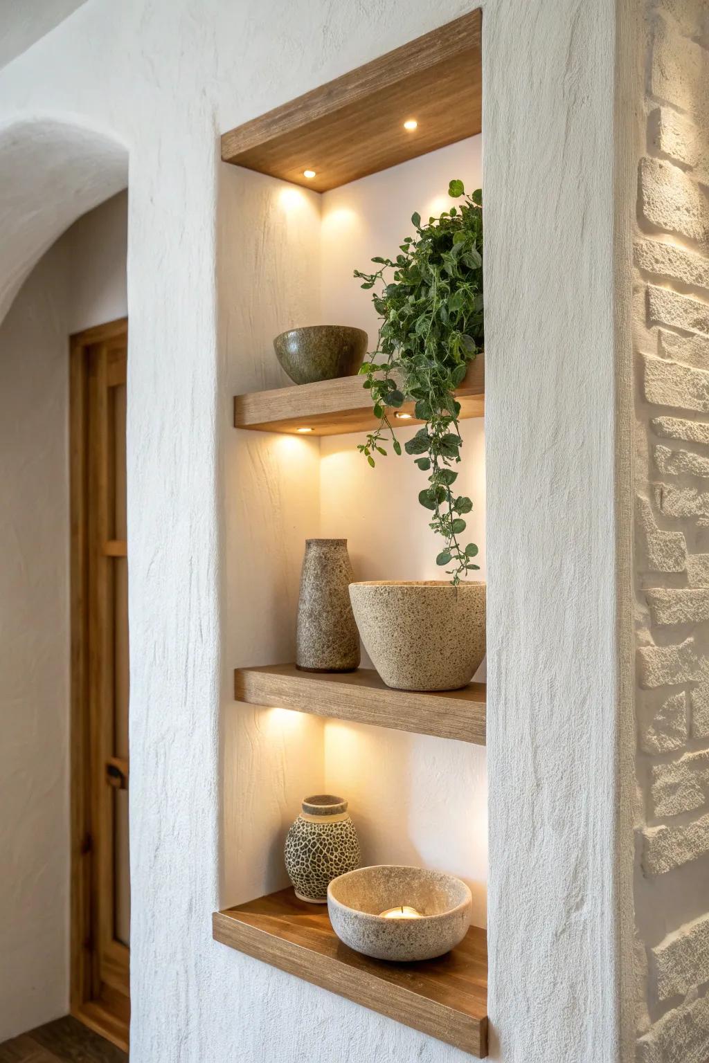 Stacked recessed niches in oak create a tidy built-in grid—simple, warm, and styled.