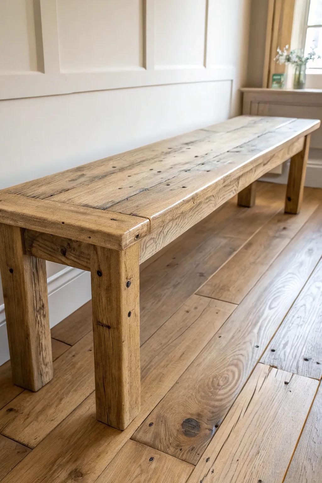 A simple reclaimed wood dining bench that turns nail holes and cracks into character.