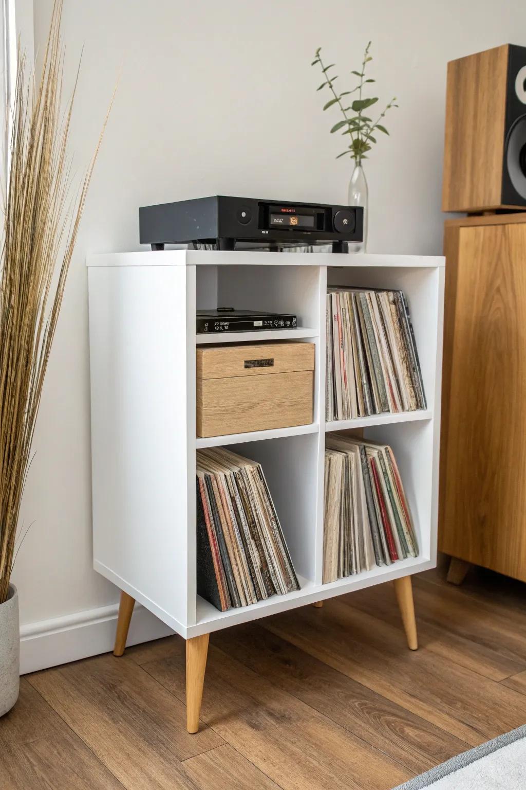 Cube shelf hack: add a thick real-wood top and legs for a sleek turntable + LP station.