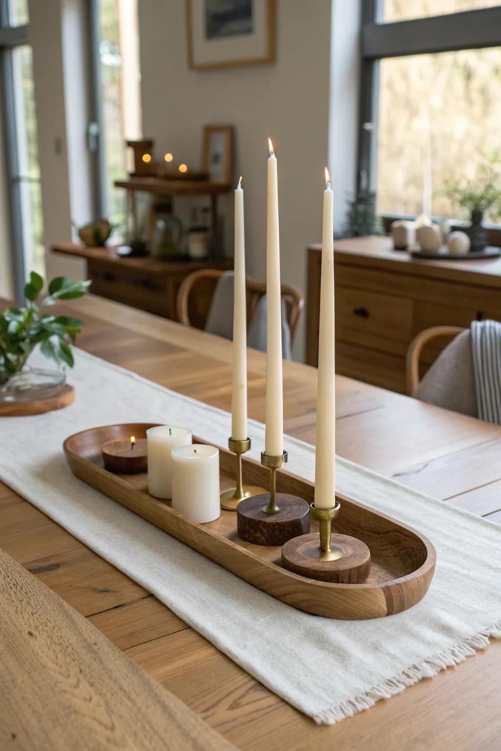 A slide-aside taper candle cluster on a tray—instant cozy glow for a rectangle dining table.