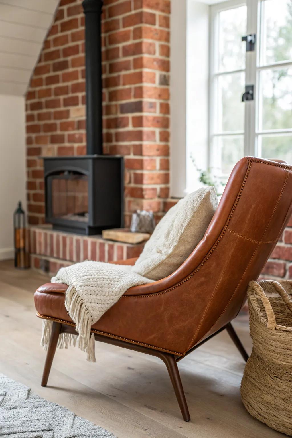 Cognac leather by red brick adds warmth and makes the fireplace feel beautifully intentional.
