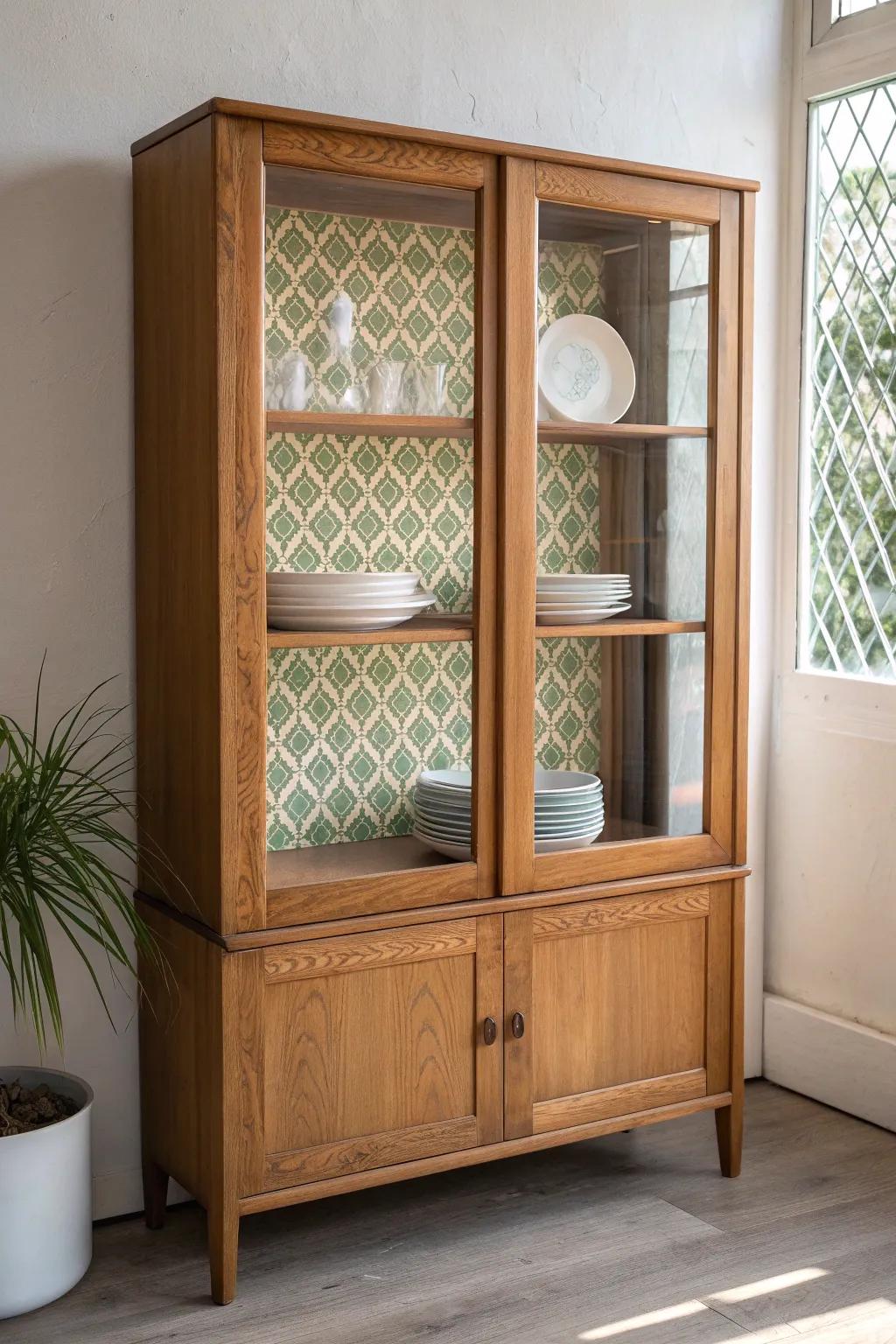 Instant boutique charm: wallpaper backing transforms a china cabinet in minutes.