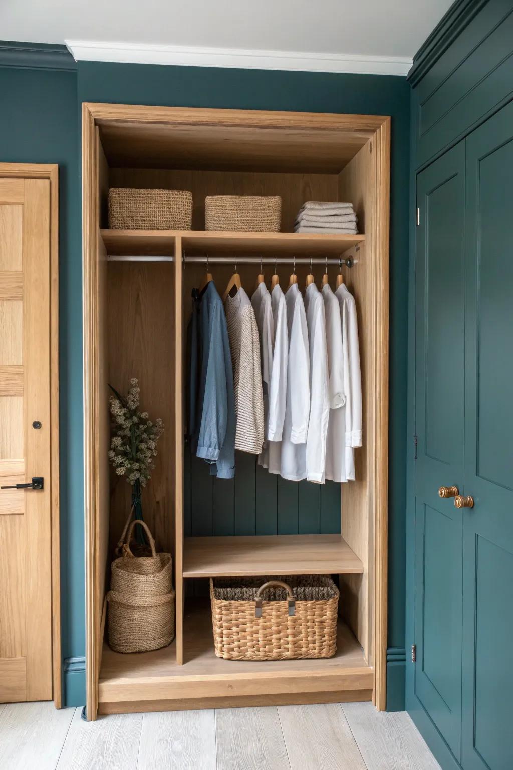 Remove doors and paint the closet interior dark—light oak shelving instantly feels curated.