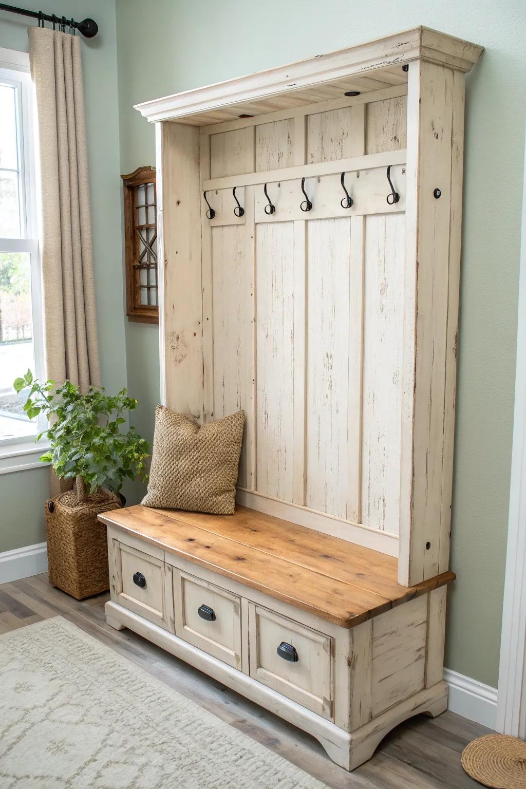 Repurposed closet door hall tree: warm, minimalist entry bench with hooks and shelf.