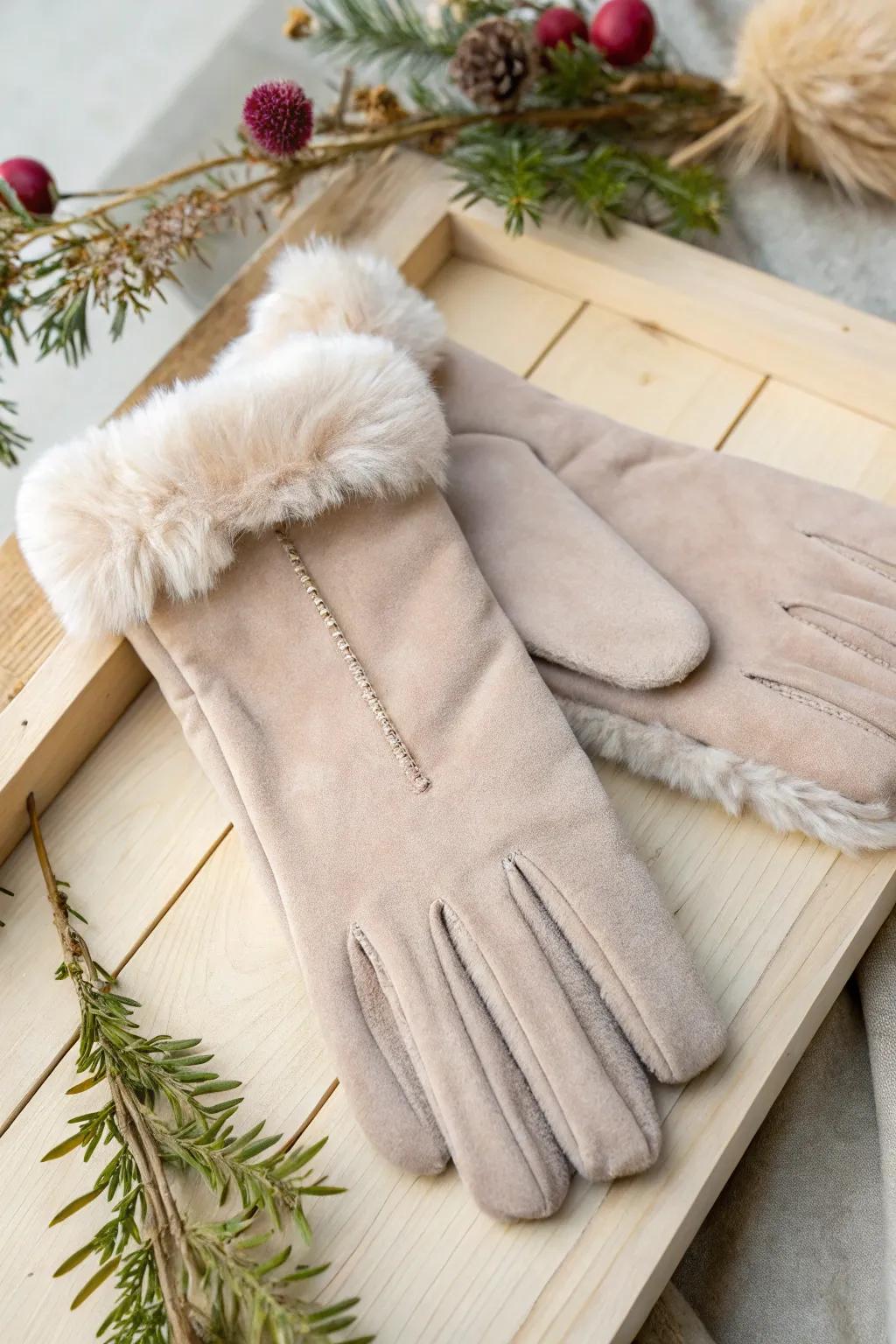 Elevate your winter style with these luxurious fur-trimmed gloves, combining elegance and warmth in one simple touch.