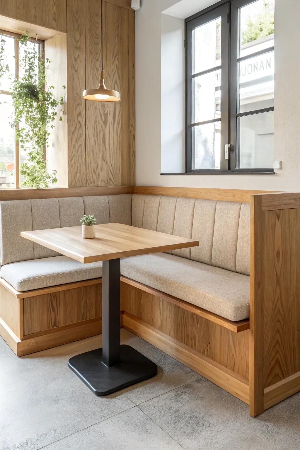 Turn a quiet corner into the coziest seat—an L-shape booth with a seamless wood back cap.