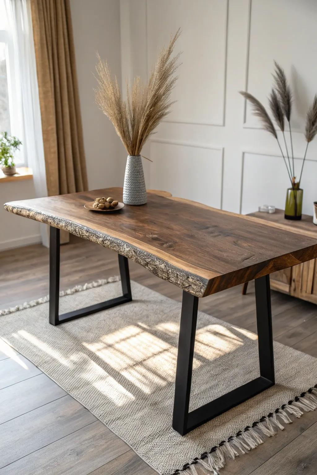 A live-edge slab table that brings forest warmth to modern dining—sealed smooth for effortless service.