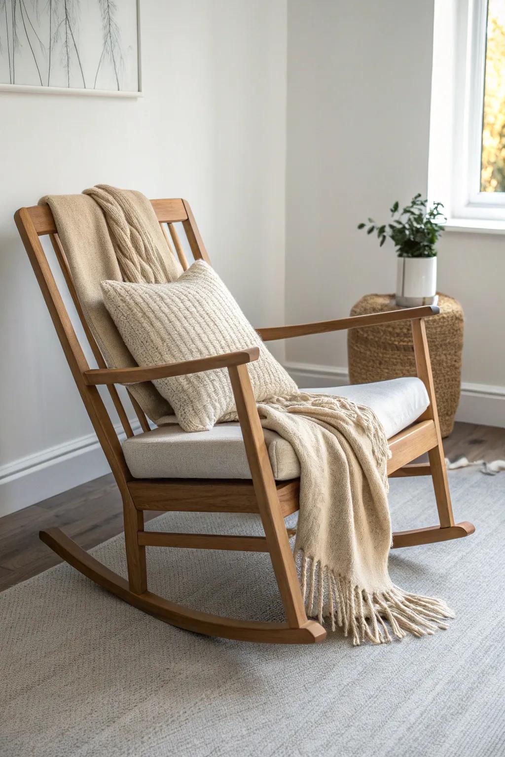 One textured pillow and a cozy neutral throw—soft layers that let the wood grain shine.