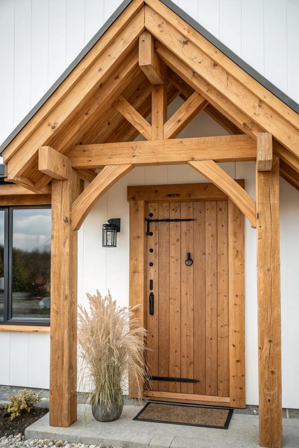 Rustic king-post timber truss gable—chunky joinery that makes your entry unforgettable.