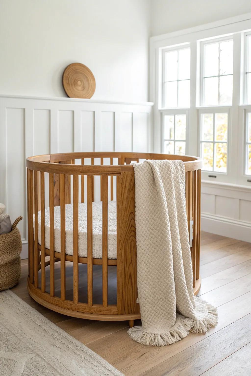 Warm oak round crib with a cozy knit throw—modern farmhouse charm in minimalist style.