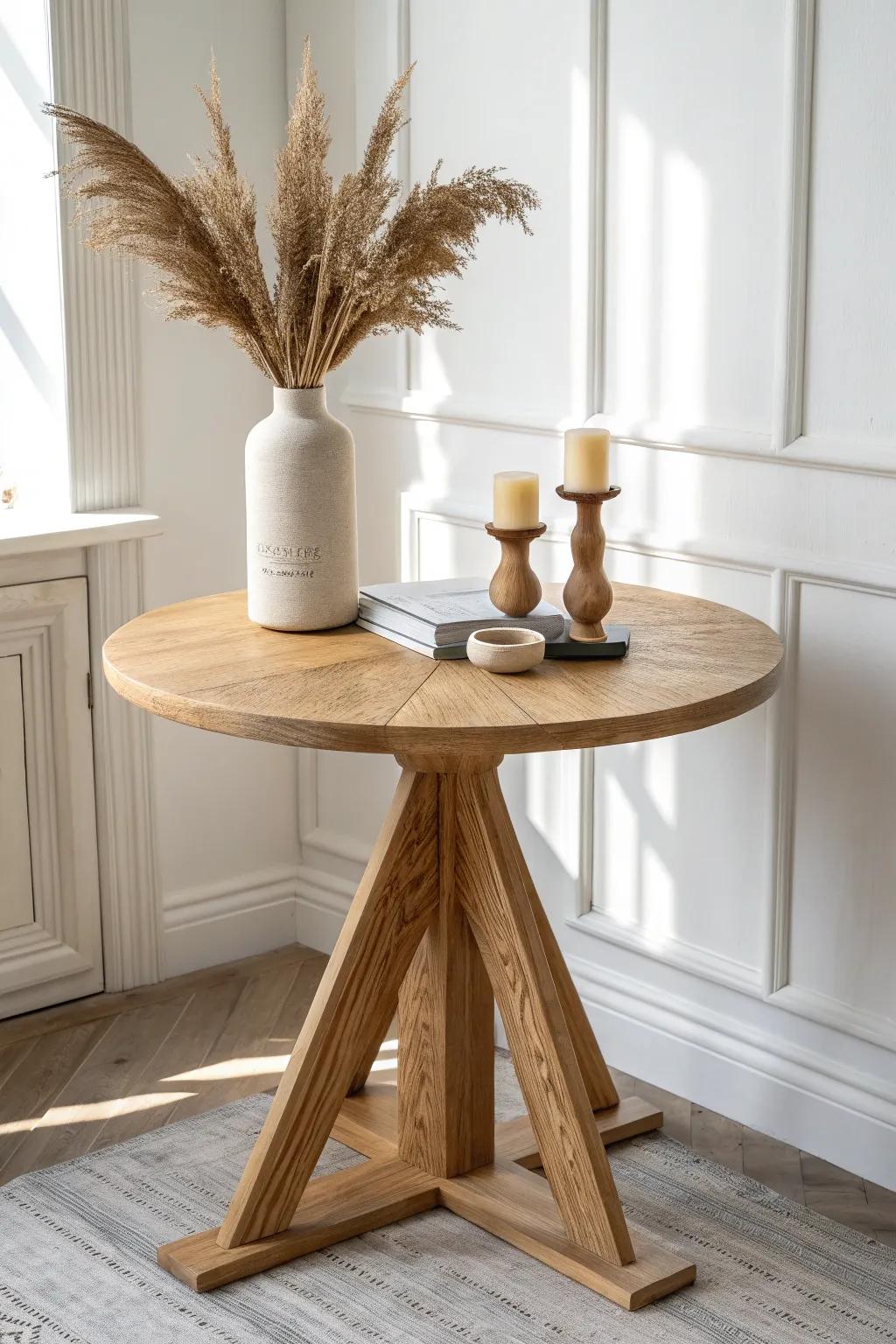 Balanced round foyer table styling: hand-turned candlesticks framing a simple vase.
