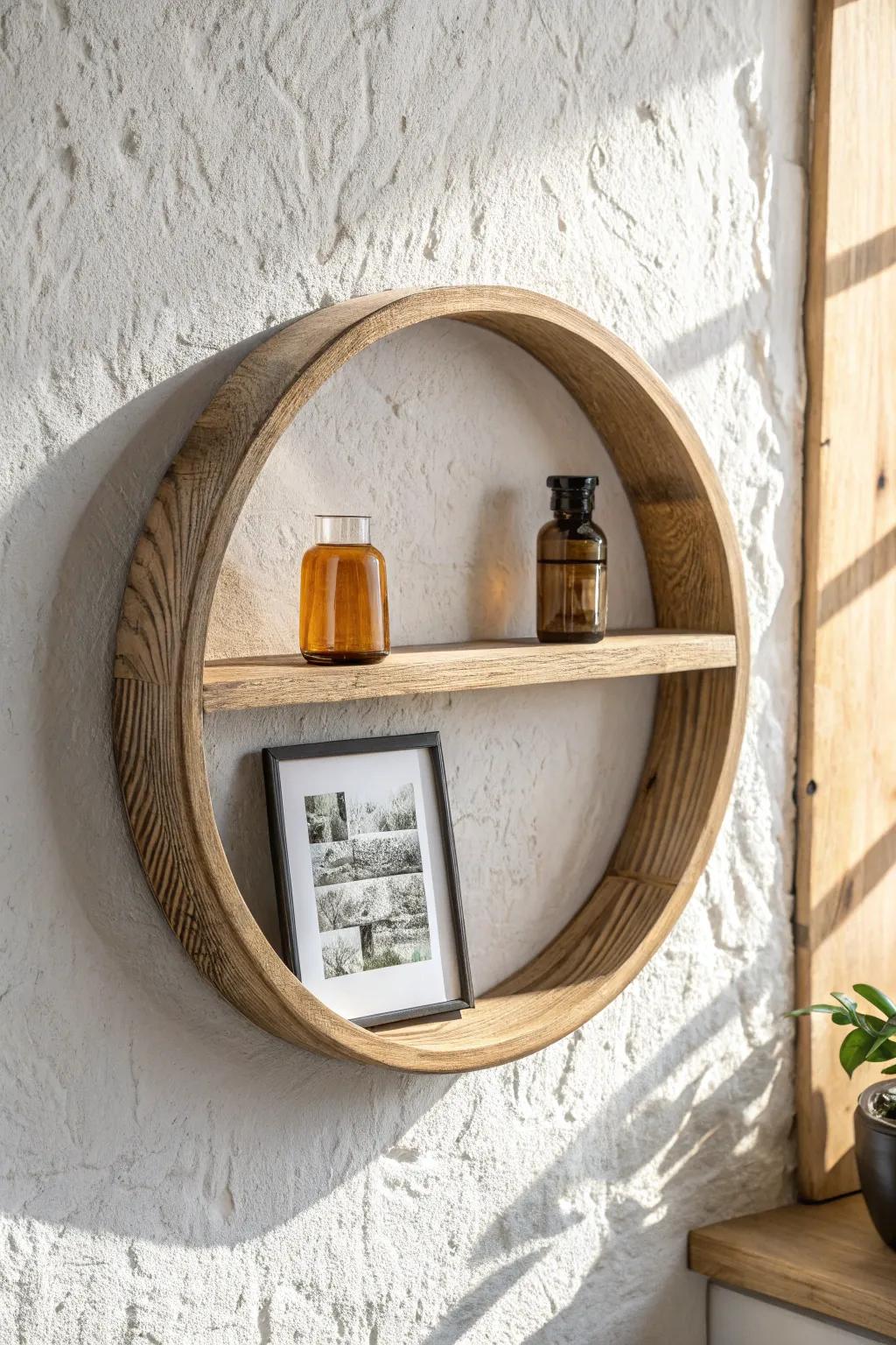 Round oak shelf styling: a tiny vintage frame and amber bottle for warm, personal charm.
