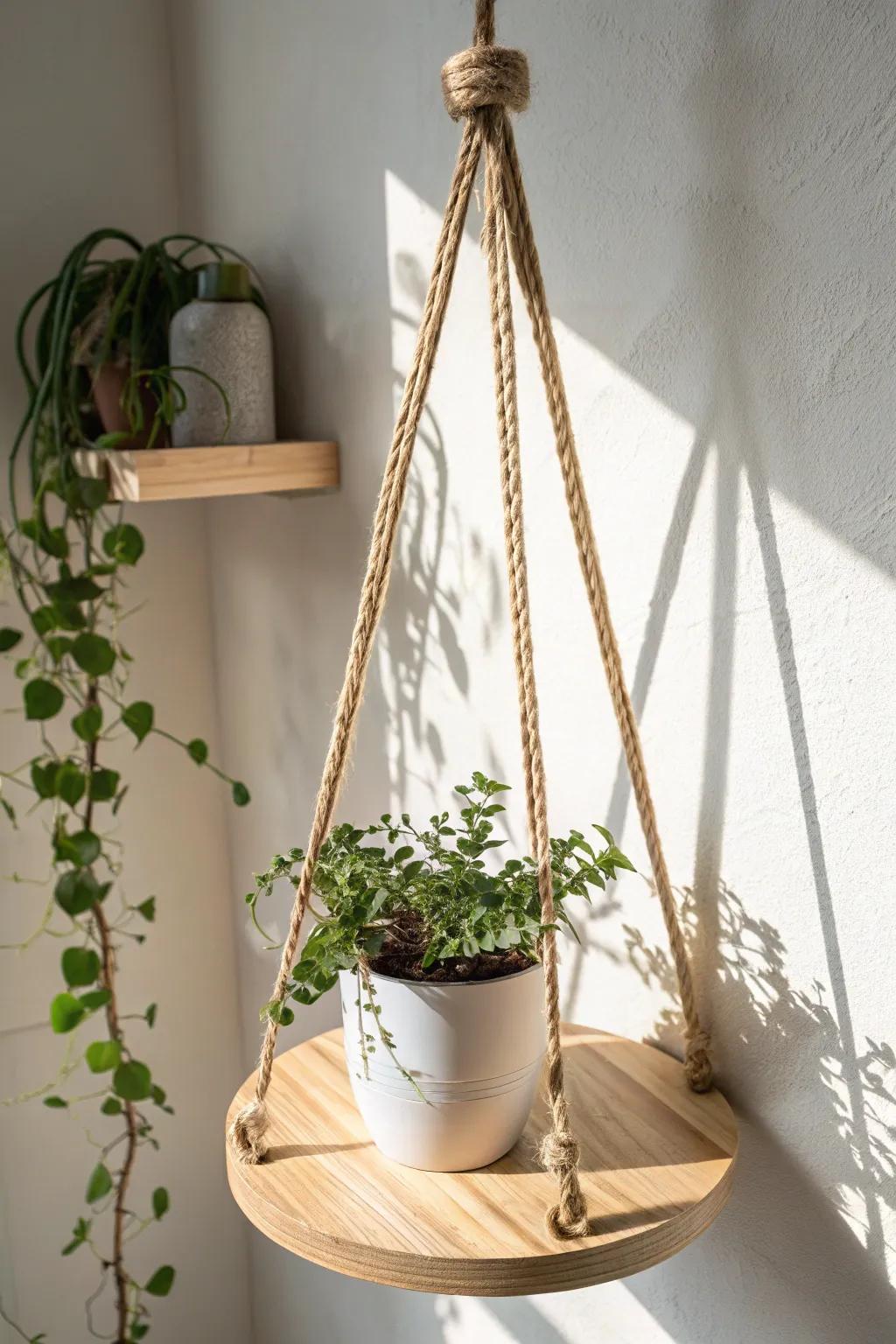A cozy hanging round shelf with chunky rope—minimal, boho, and perfect for plants.