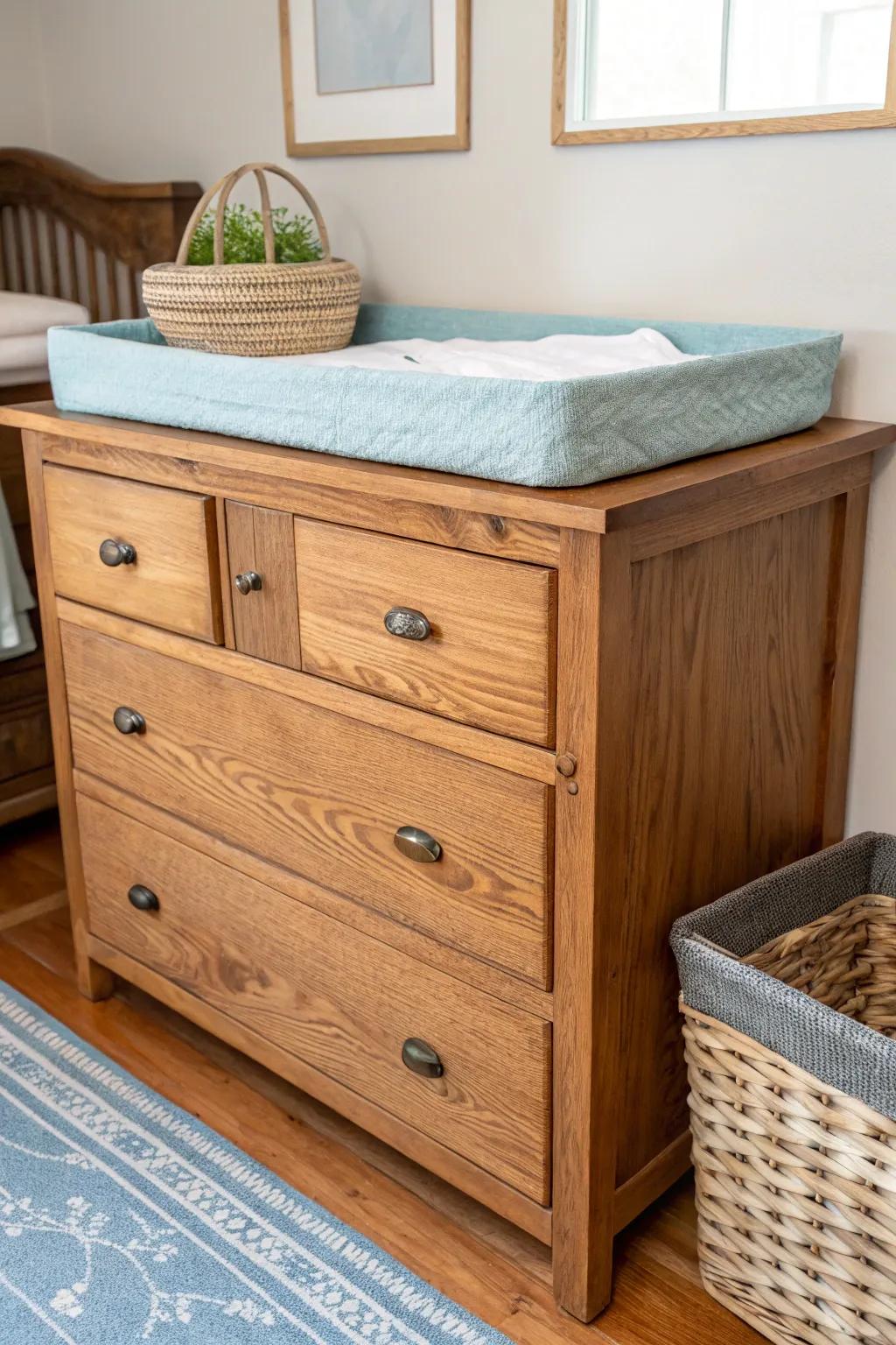 Vintage dresser changing station—low-sheen stain, deep drawers, rustic baby boy nursery charm.