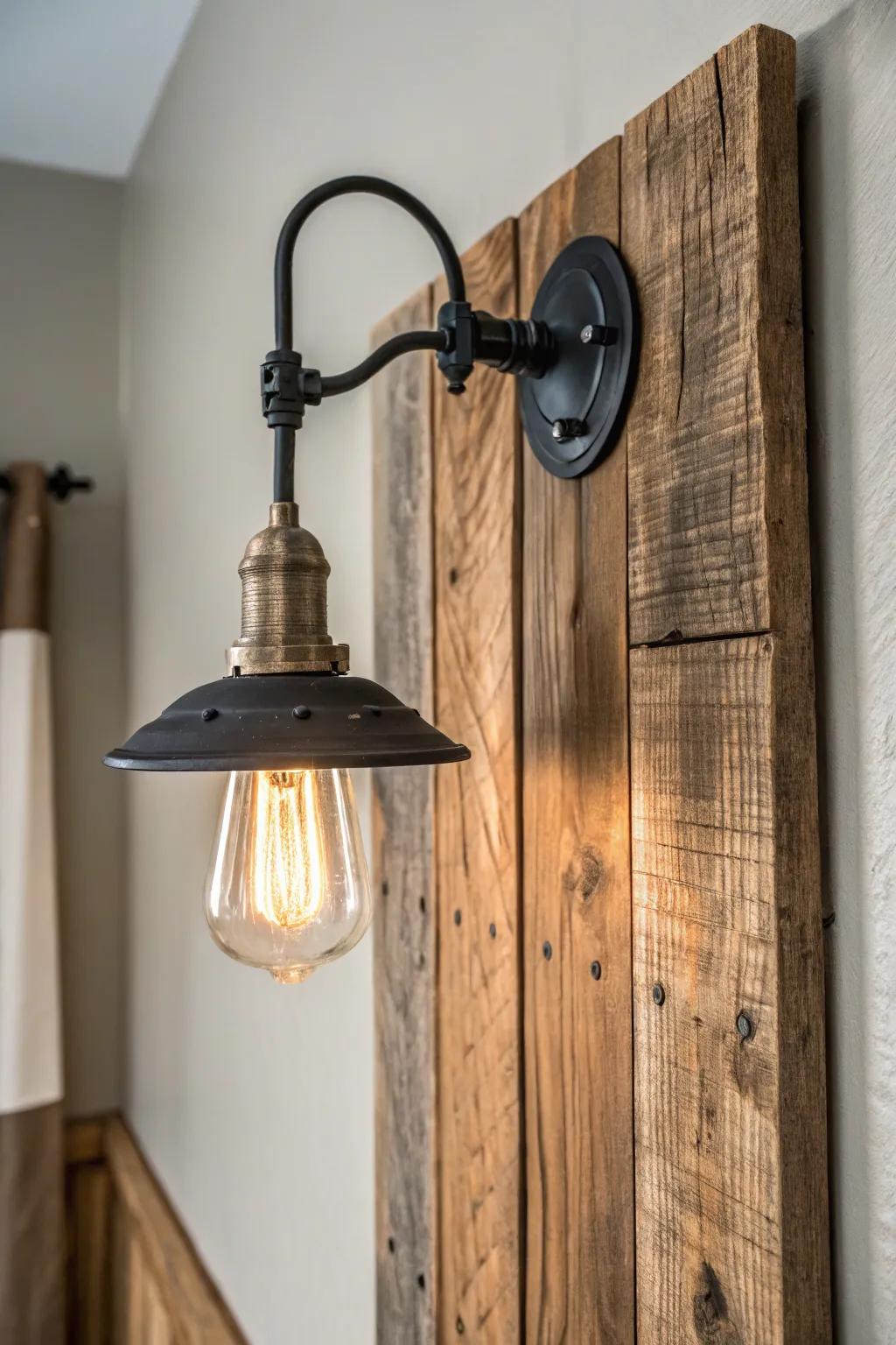 Warm industrial sconce light that deepens rustic wood tones—simple, timeless, and cozy.