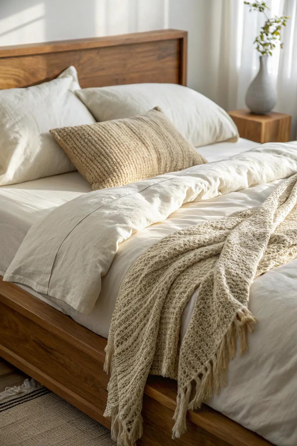 Creamy linen layers + a chunky knit throw for a calm, rustic couples’ retreat.