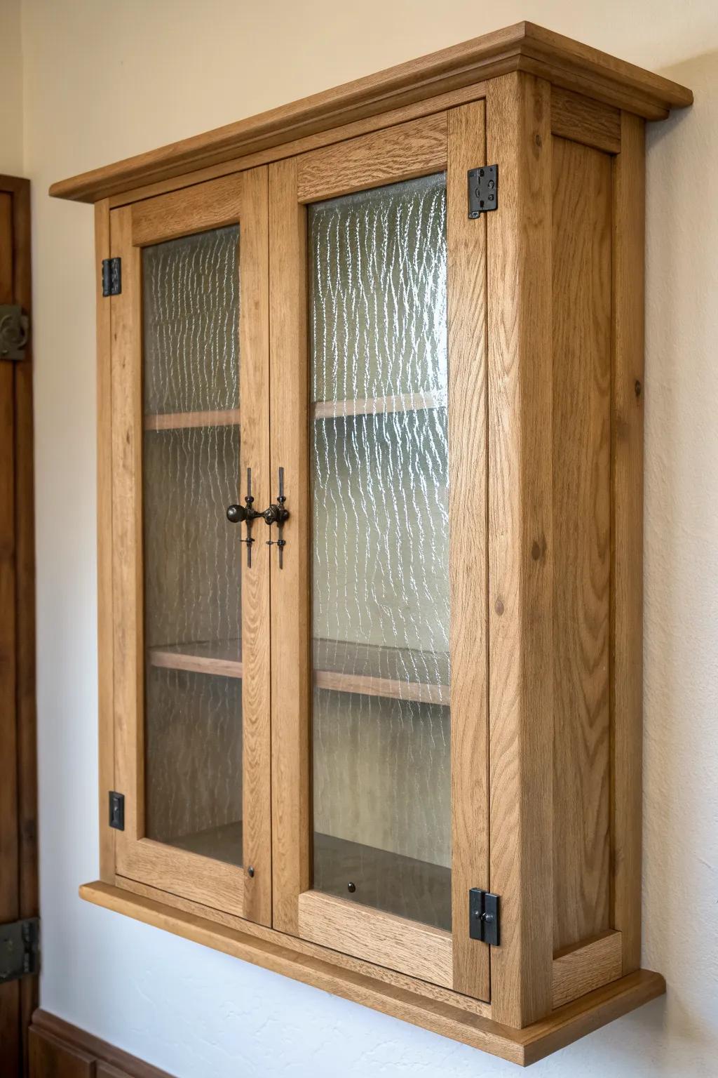 Rustic glass-front uppers with textured panes—airy vintage charm that gently hides clutter.