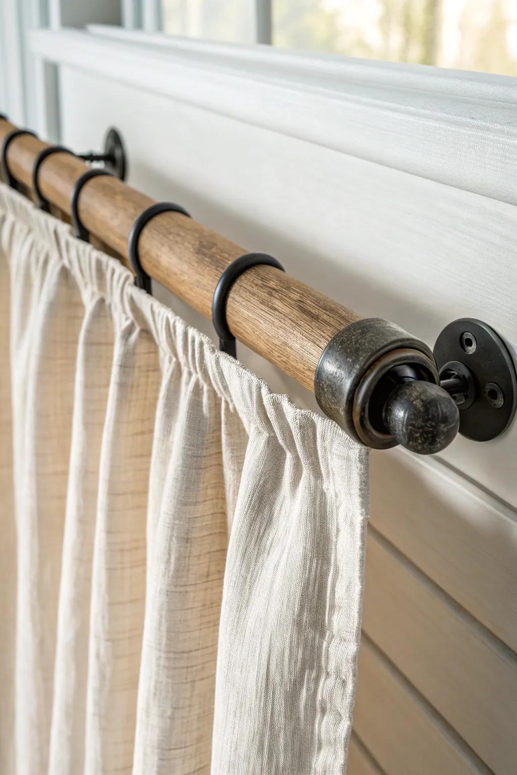 Faux-weathered wood curtain rod for an instant farmhouse feel—minimal, warm, and handcrafted.
