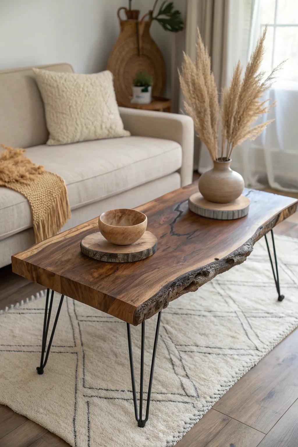 A live-edge slab coffee table that makes the den feel warm, grounded, and effortlessly stylish.