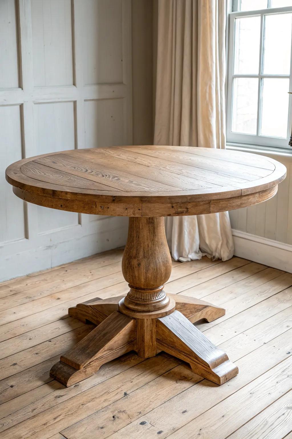 A grounded round pedestal table—rustic oak warmth with clean Scandinavian simplicity.