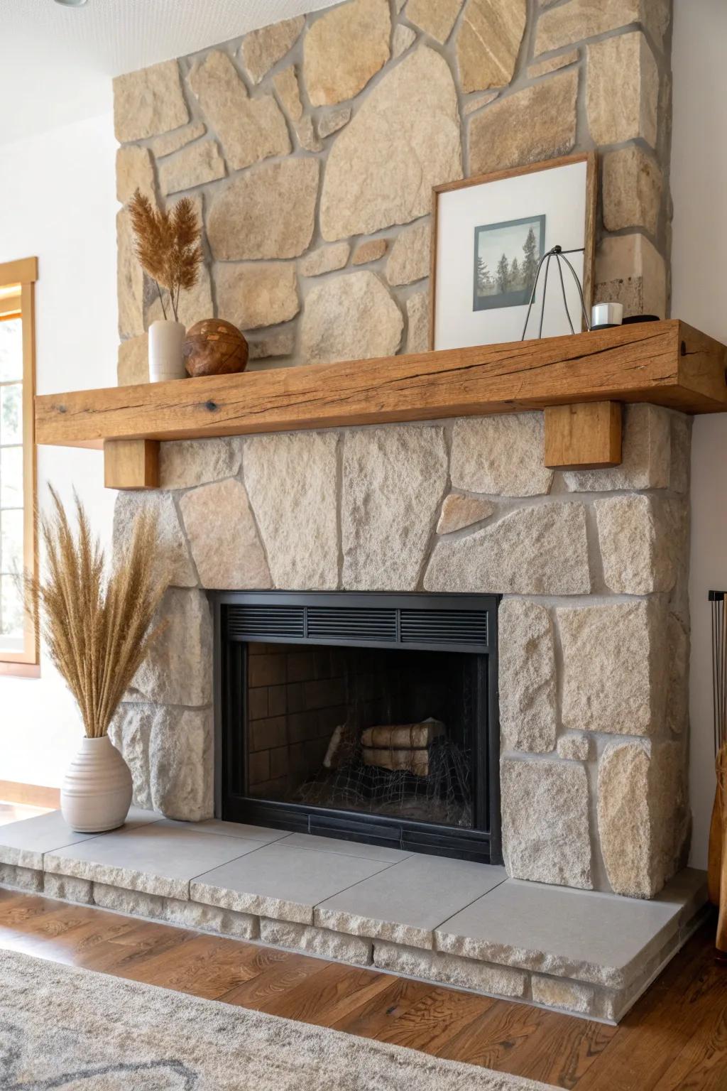 Stone fireplace + reclaimed wood mantel: the warm, earthy focal point your living room needs.