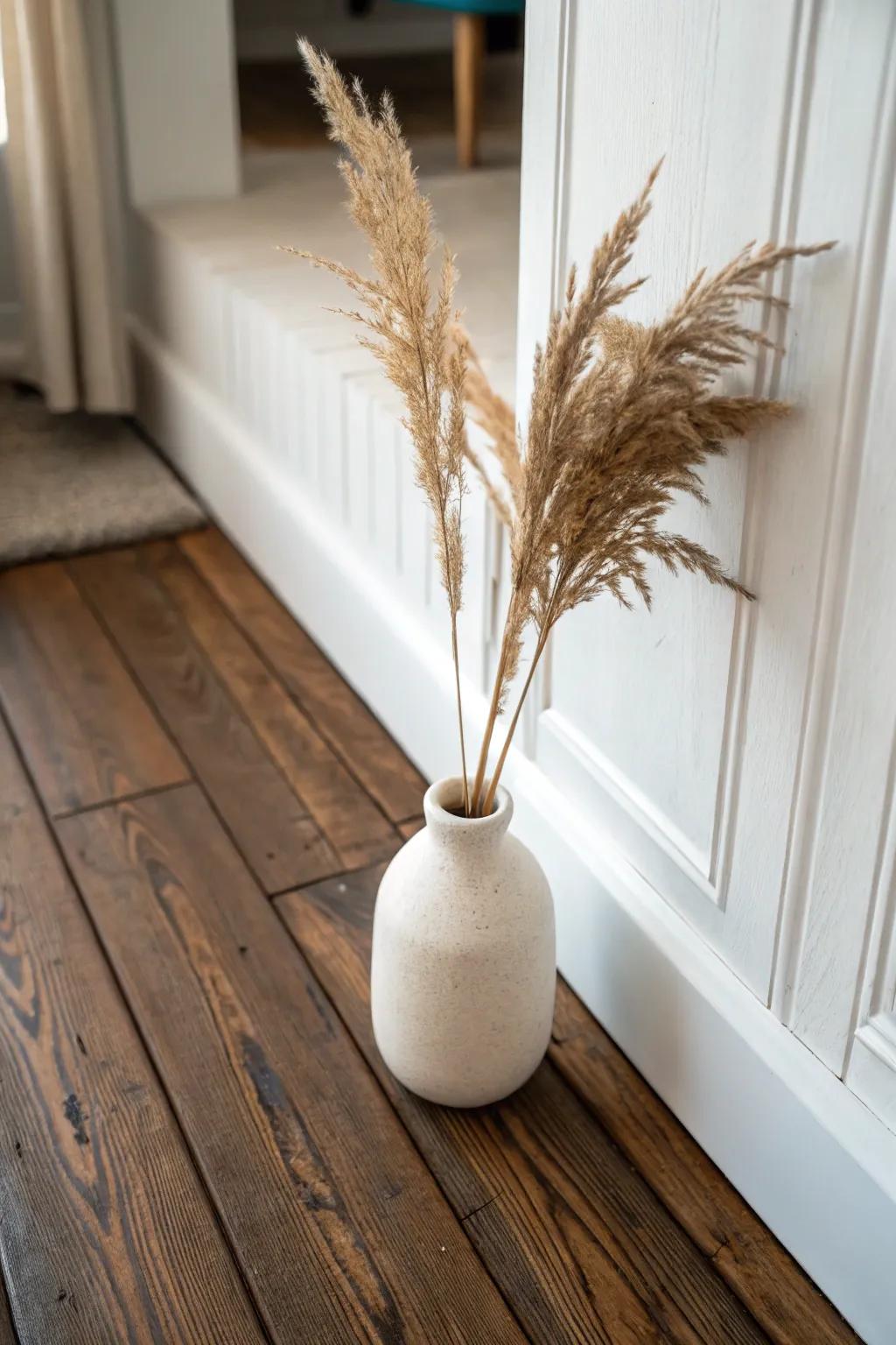 Deep walnut floors with crisp white trim—cozy lodge drama, minimalist and softly boho.