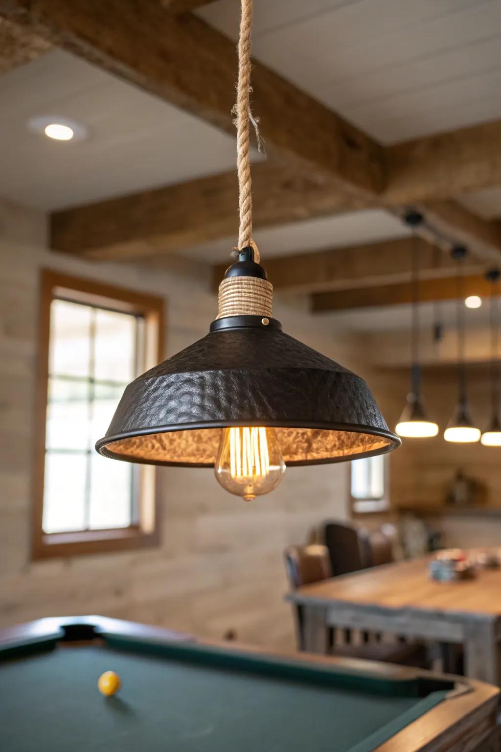Warm pendant lighting in matte black and oak—cozy contrast that elevates a rustic game room.