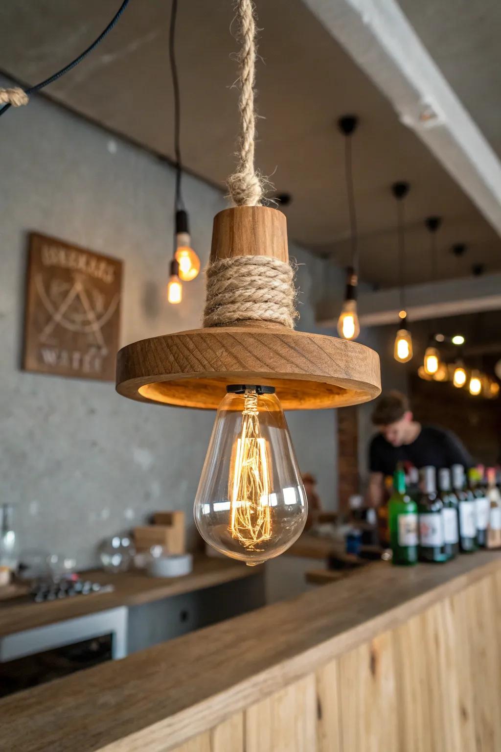 Warm filament glow on handcrafted wood—cozy garage bar lighting that softens the “garage glare.”