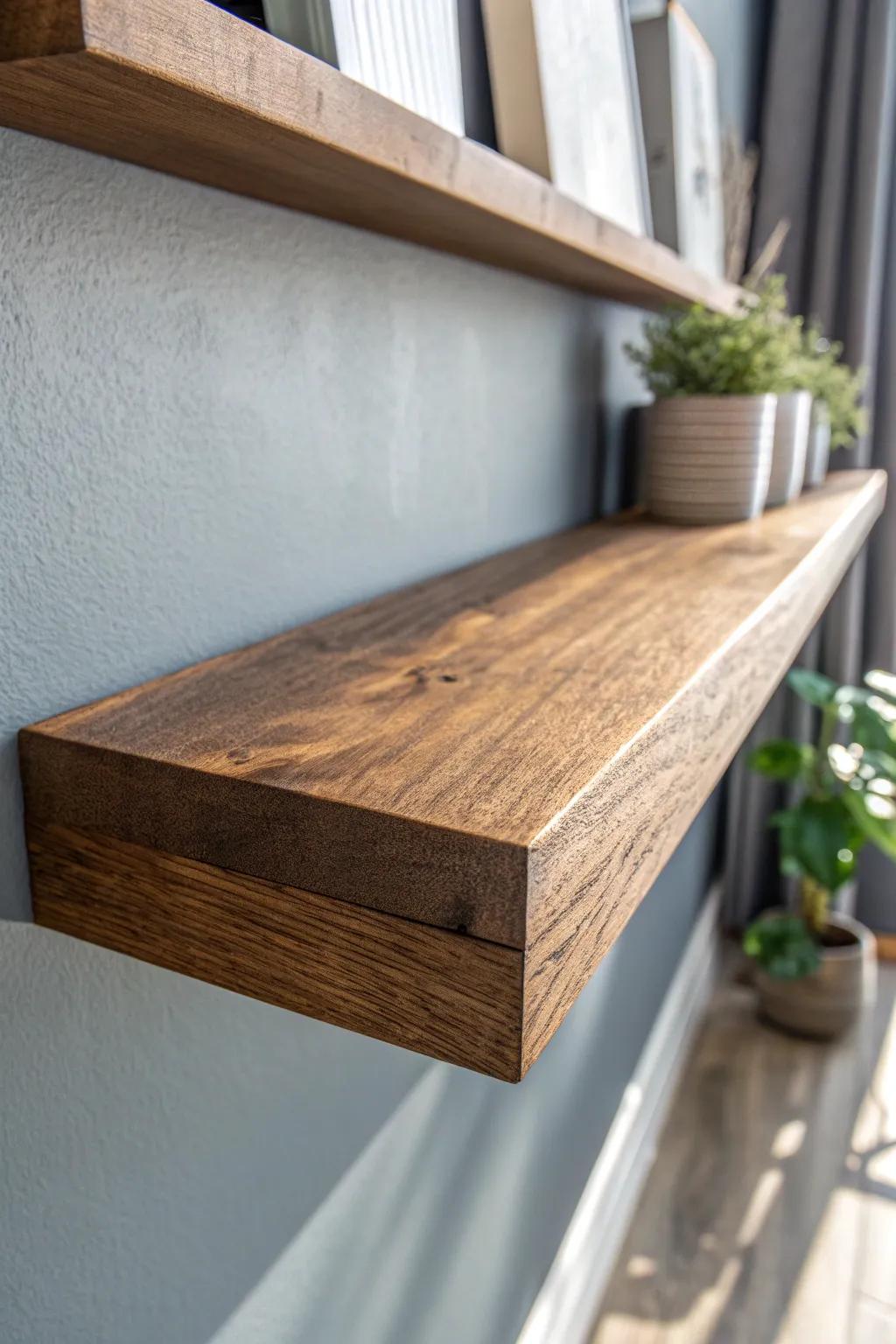 Warm brown floating shelf against a cool grey accent wall—modern rustic perfection.