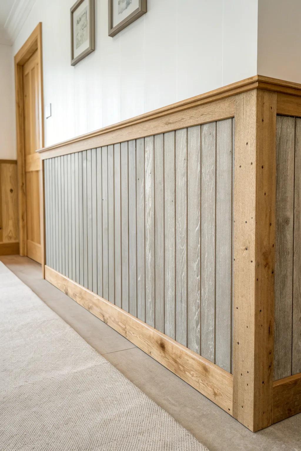 Light oak above, rustic tin below—an airy half-wall idea that stands up to entryway wear.