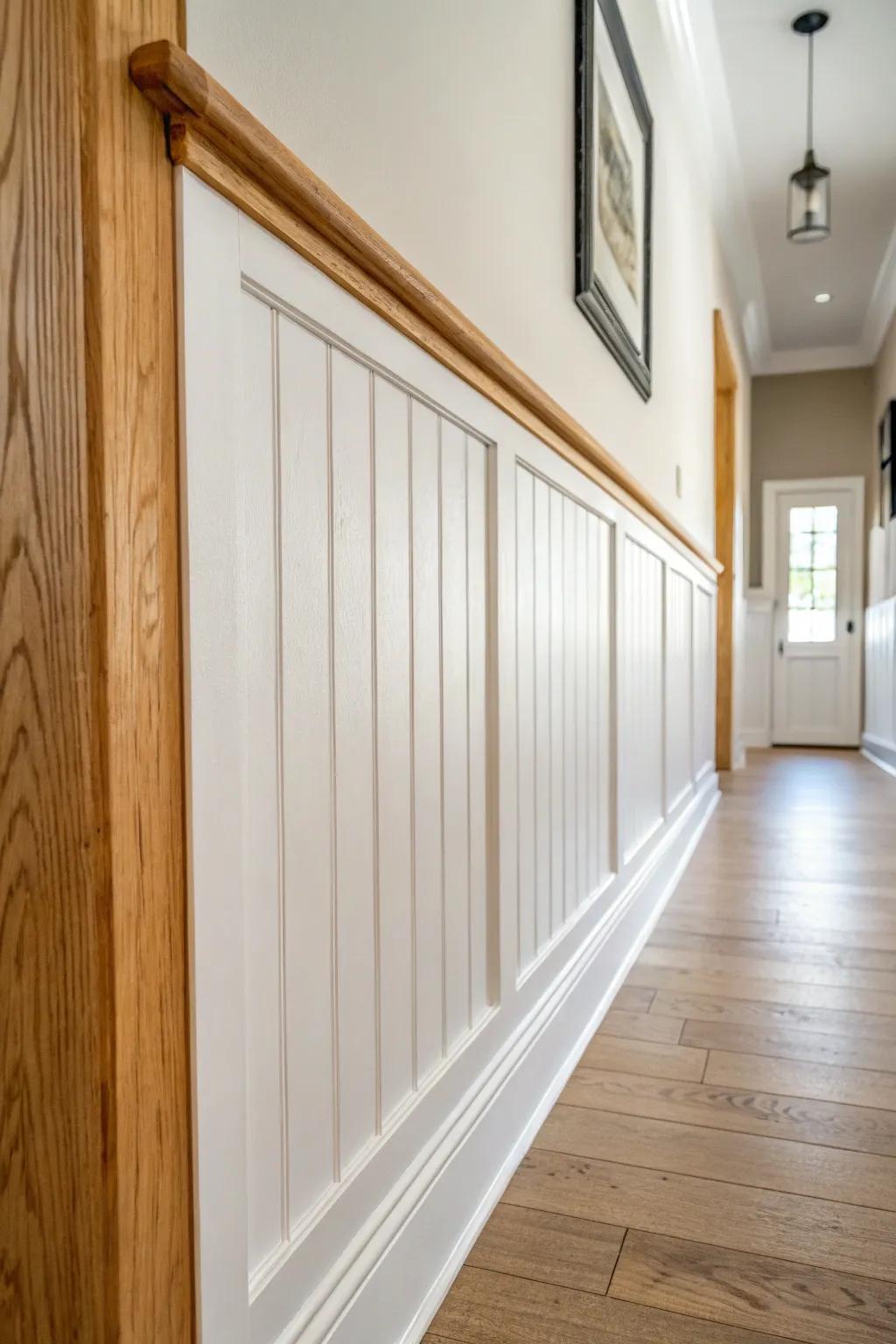 Warm board-and-batten wainscoting adds instant rustic character to a calm, neutral hallway.