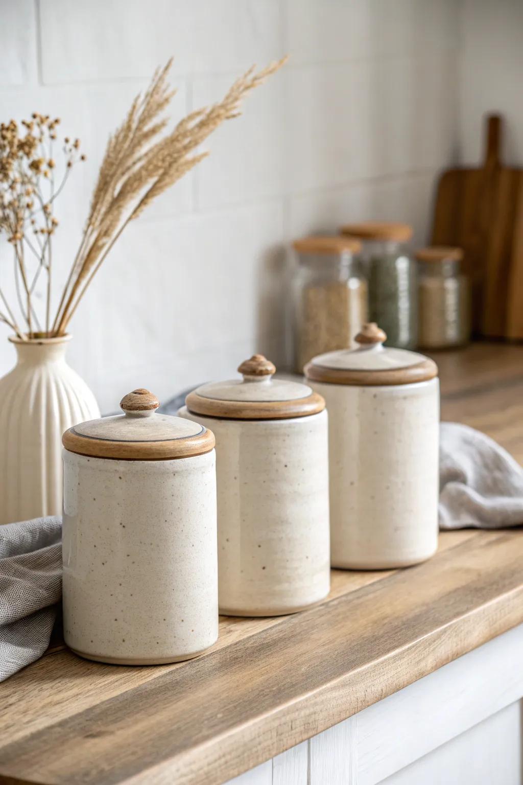 Rustic canisters in a simple row—ceramic and distressed metal for warm, neutral kitchen charm.