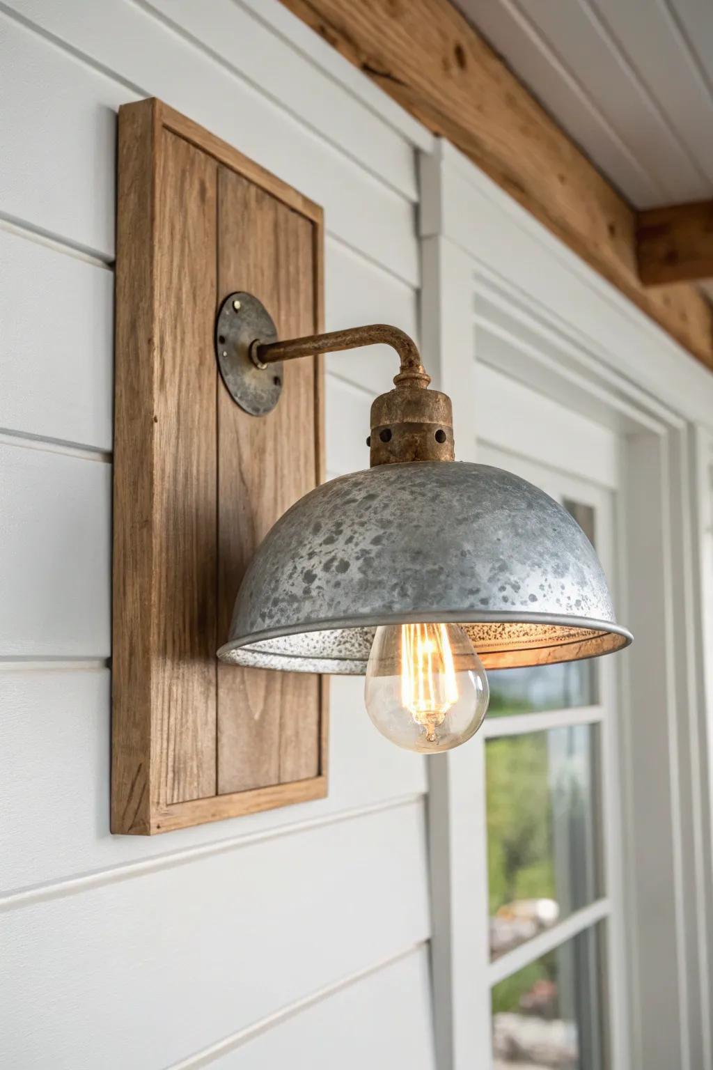 Galvanized dome shade + oak mount: a timeless rustic-industrial glow with soft aged patina.