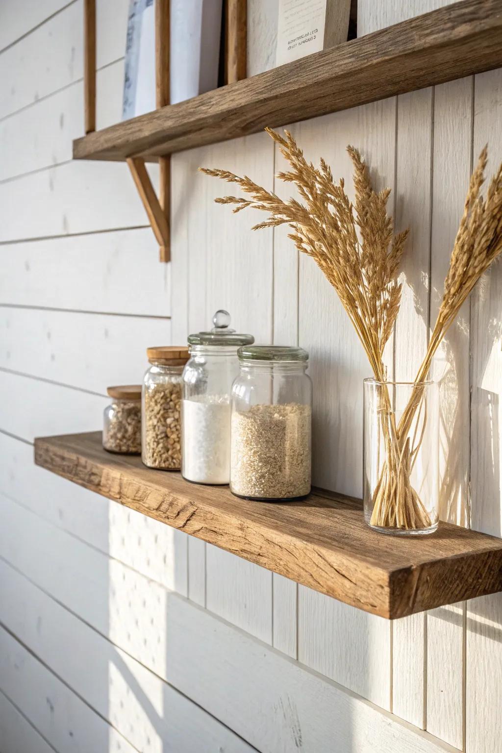 Whitewashed shiplap + a reclaimed wood shelf makes a rustic pantry feel instantly finished.