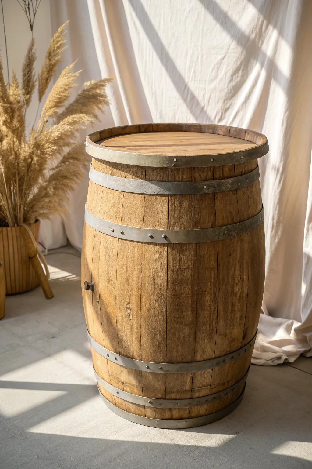 Rustic barrel feature table with a thick flat top—minimal, sturdy, and beautifully handcrafted.