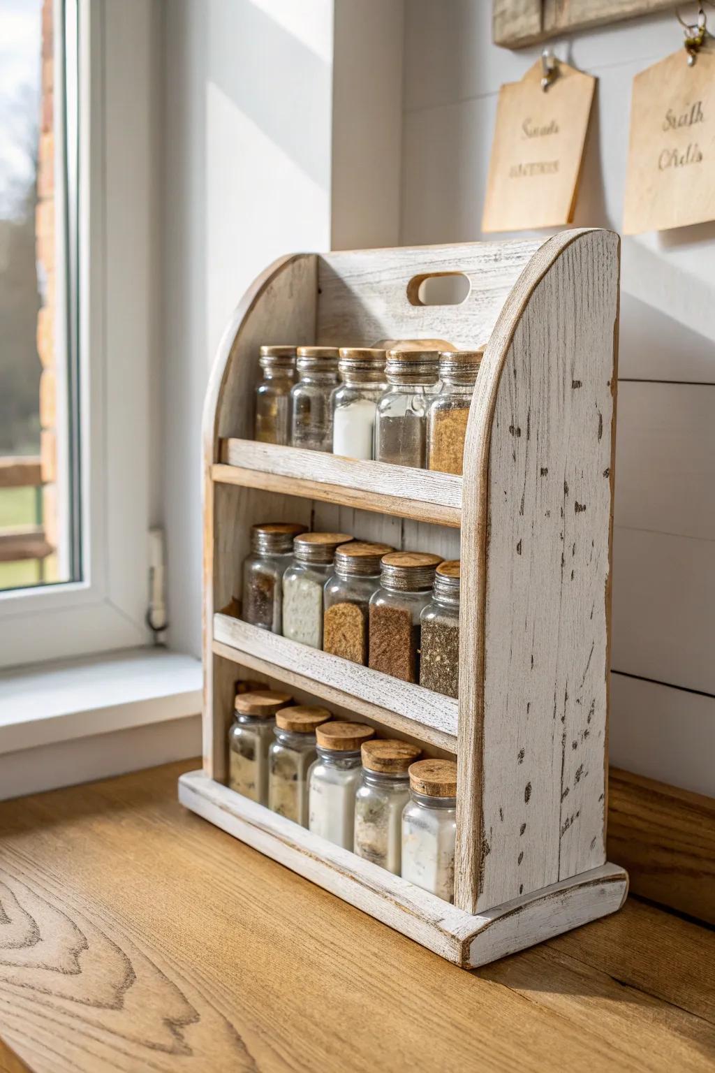 Distressed painted spice rack with sanded edges—soft cottage charm in a clean, modern kitchen.
