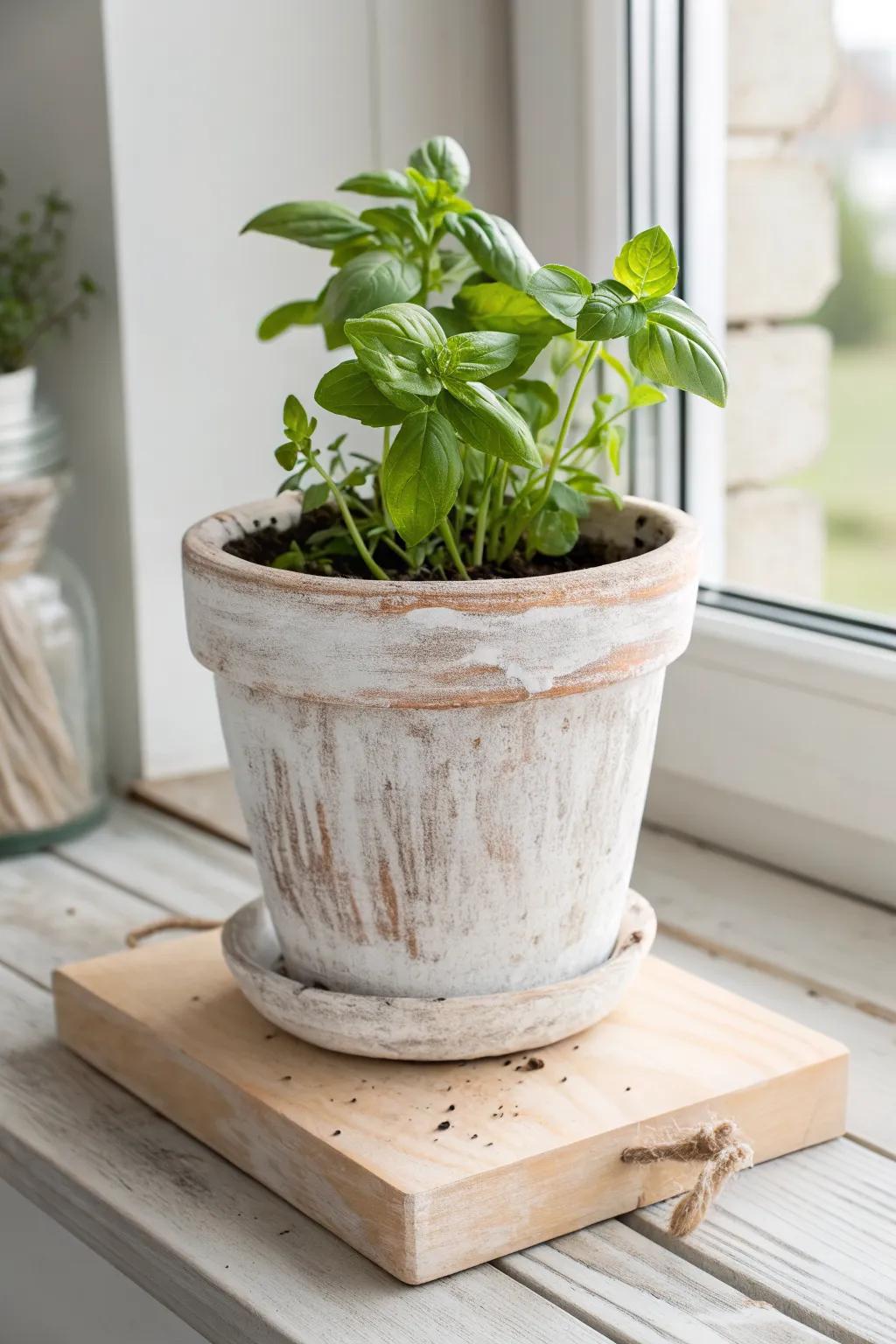Dusty whitewashed terracotta + fresh herbs—an effortlessly rustic spring windowsill accent.
