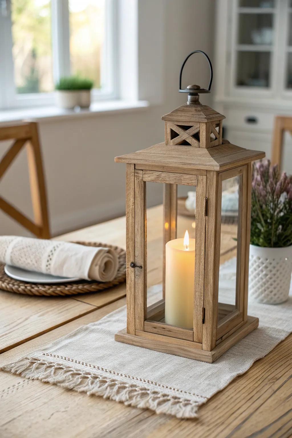 Rustic wooden lanterns and pillar candle glow—simple centerpieces that feel instantly special.