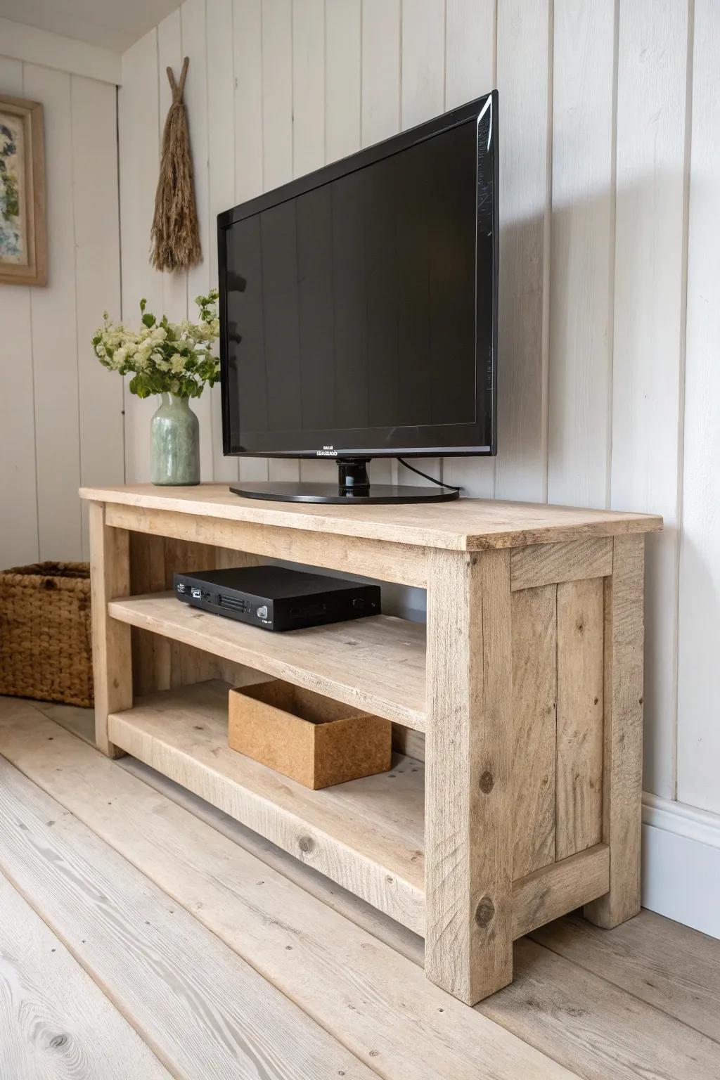 Chunky beam-style low TV stand—minimal lines, rustic texture, and handcrafted charm.