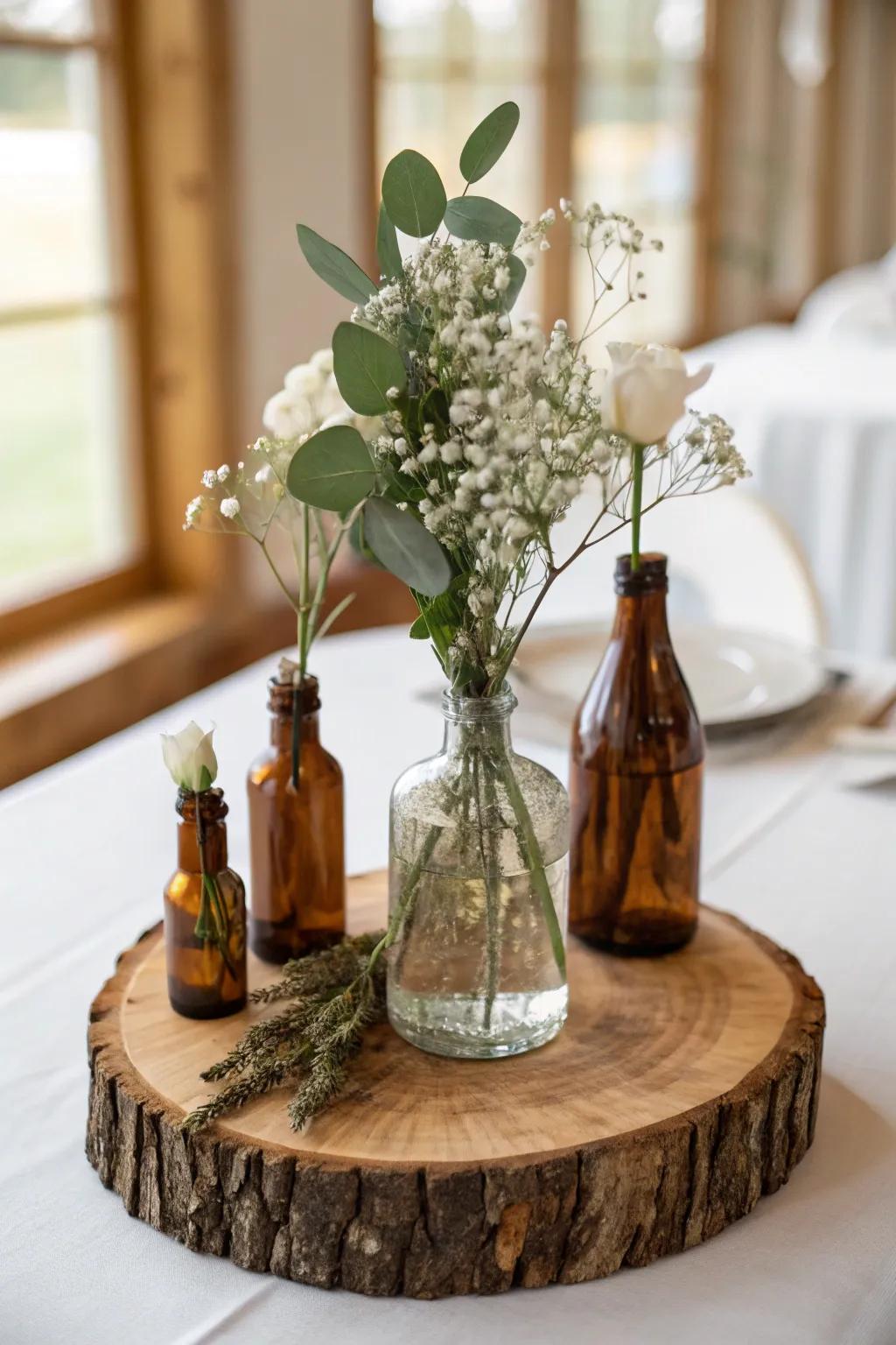 Vintage bottle bud vases clustered on a wood slice—airy stems for a rustic, modern table.